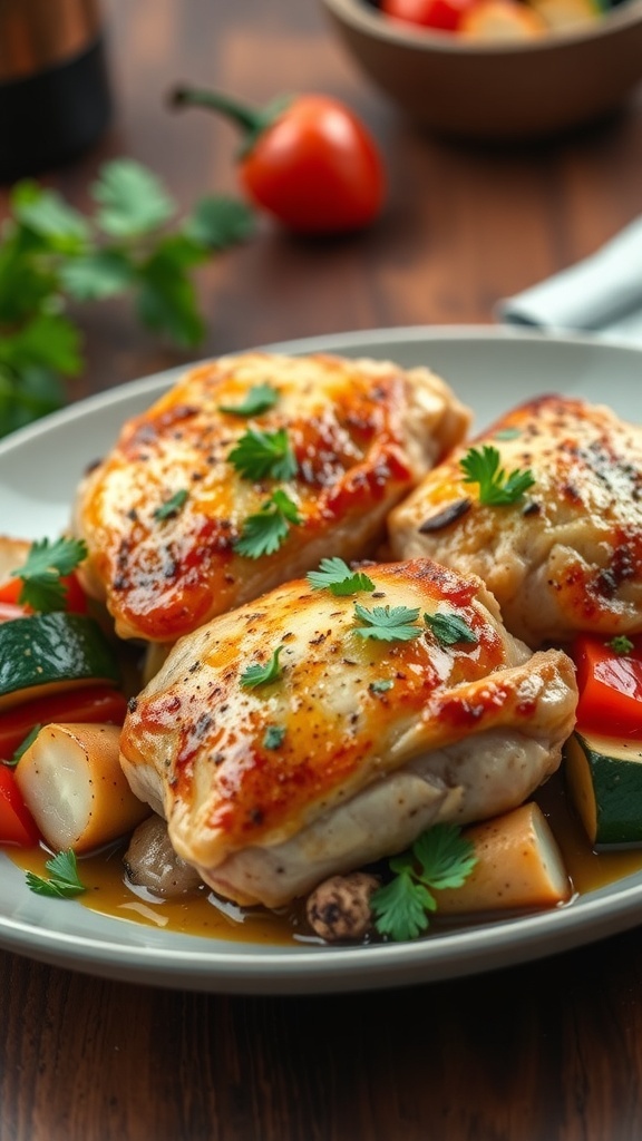 Baked Italian Chicken Thighs Recipe Baked Italian chicken thighs garnished with parsley, served with roasted vegetables on a rustic table.